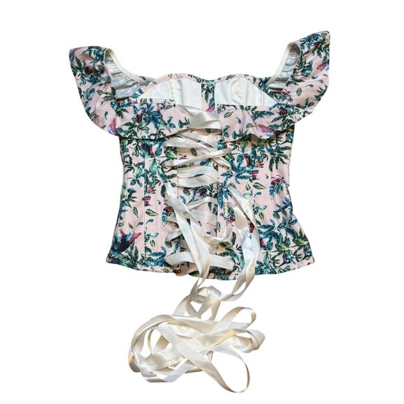 Corset Story UK6 Floral Bird Print Ruffled Corset Top - Picture 2 of 7